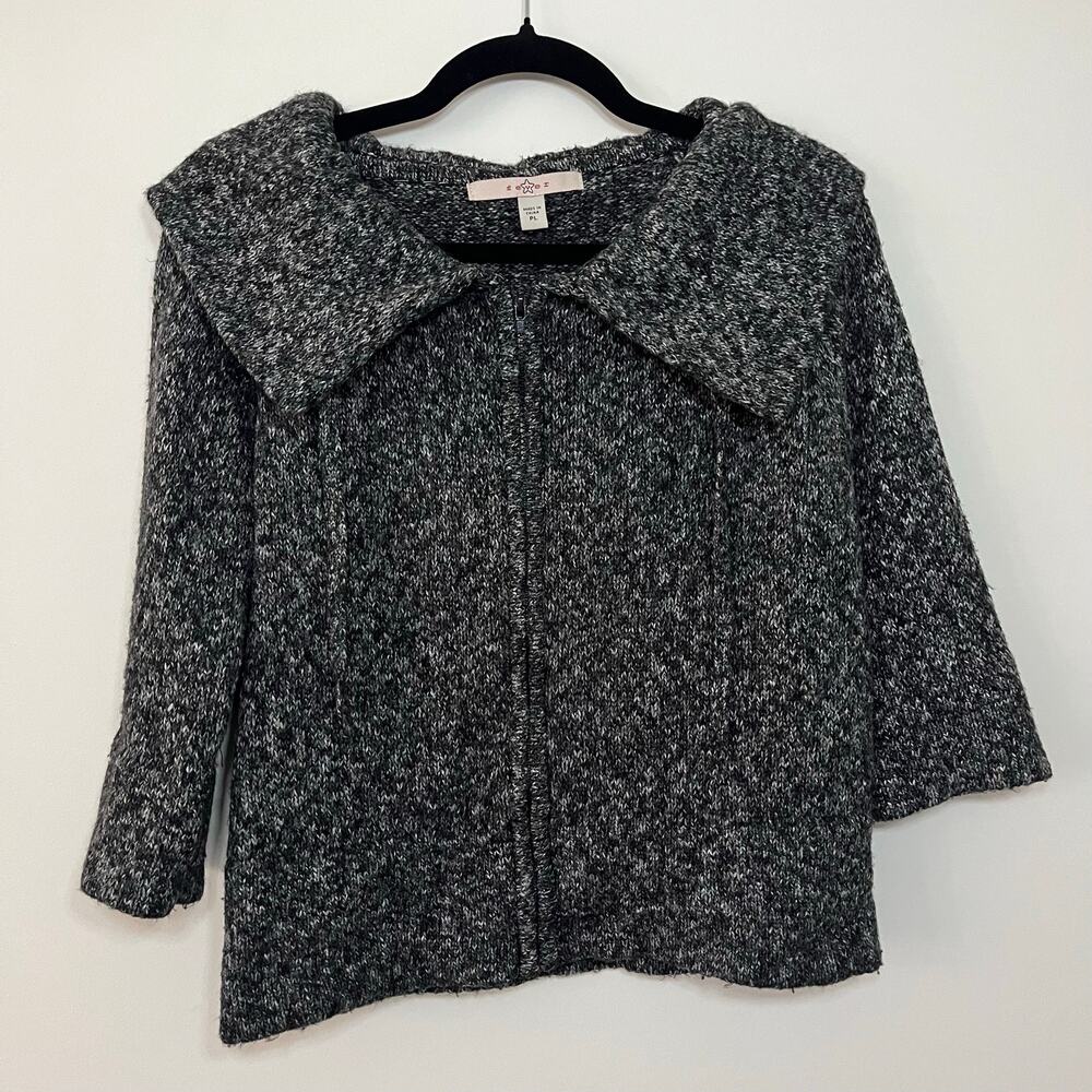 Fever Womens Cardigan Sweater Gray Marled Knit Full Zip Wide Collar 3/4 Sleeve